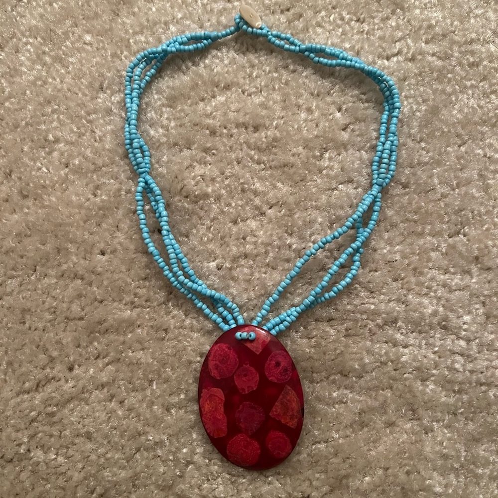 Baby Blue Red Necklace Coconut Fossil Shellacked